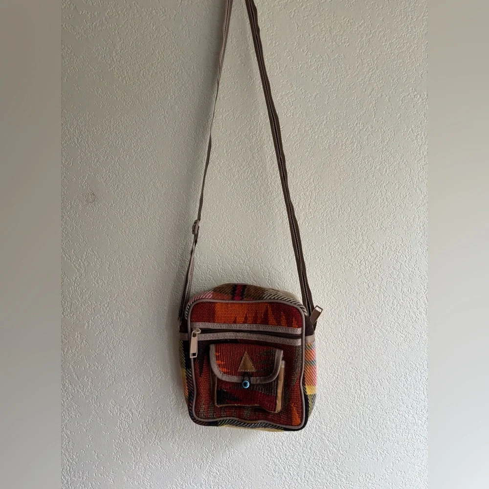 Unique Turkish Kilim Cross-Body Bag Colorful Geometric Pattern & Evil Eye Bead